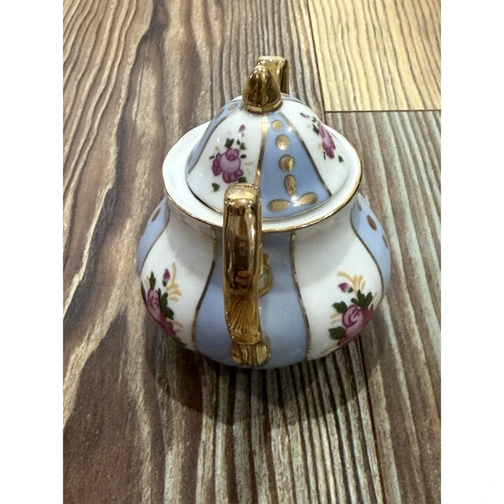 Miniature Blue and White w/ Pink Rose Design, Gold Trim Porcelain Teapot 3